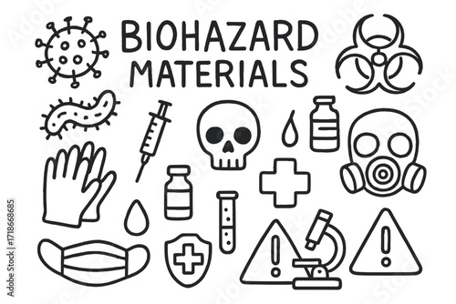 Biohazard Doodle Icons. Hand-drawn doodle illustration Biohazard materials [biohazard sign, virus shape, bacteria, syringe, vial, skull, gas mask, gloves,