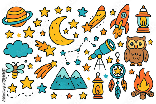Vibrant Night Doodle. Night sky. Colorful Hand-drawn doodle Children illustration stars, crescent moon, planet, telescope, shooting star, cloud, owl, lantern,