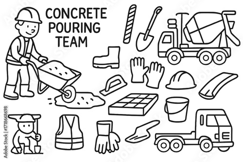 Construction Tools Doodle. Hand-drawn doodle illustration Concrete pouring team concrete mixer, wheelbarrow, shovel, rebar, safety boots, gloves, hard hat,