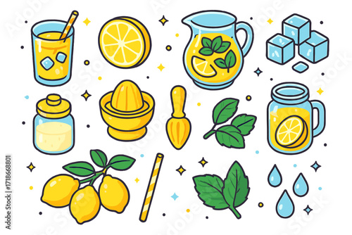 Refreshing Lemonade Icons. Colorful isometric vector icons set of refreshing lemonade: glass of lemonade with straw, lemon slice, pitcher with mint, crushed