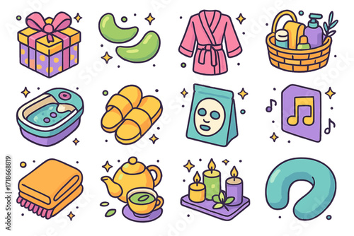 Luxury Spa Icons. Colorful isometric vector icons set of luxury spa amenities: spa gift box, eye gel pads, silk robe, spa basket, foot spa basin, folded