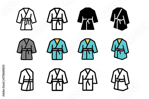 Spa Robe Logo Variety. Set Logo of Spa Robes: Minimalist monogram robe. Logo set in vector style, emblematic variations. line, bold thick line, solid black
