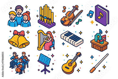 Musical Wedding Icons. Colorful isometric vector icons set of Musical elements at church weddings: choir singers, organ pipes, violin with bow, hymn book,