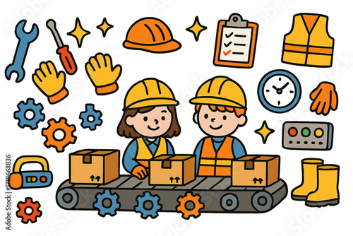 Children's Factory Fun. Colorful Hand-drawn doodle Children illustration Assembly Line Operators conveyor belt, boxes, gears, wrench, screwdriver, helmet,