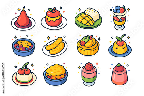 Gourmet Fruit Desserts Icons. Colorful isometric vector icons set of Gourmet fruit desserts: poached pear, baked apple, mango sticky rice, fruit parfait, berry