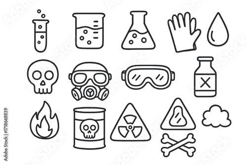 Chemical Safety Icons. Hand-drawn doodle illustration Chemical hazard [test tube, beaker, chemical flask, droplet, skull symbol, gas mask, safety goggles,