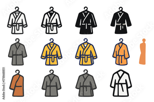 Spa Robe Logos. Set Logo of Spa Robes: Spa robe hanging on wall hook. Logo set in vector style, emblematic variations. line, bold thick line, solid black