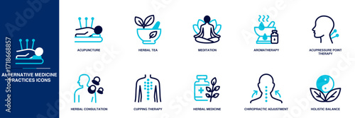 Alternative Medicine Practices Blue Colored Outline Icon Set