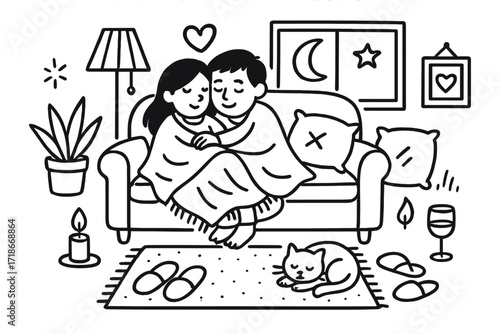 Romantic Indoor Cuddles. Hand-drawn doodle illustration Romantic indoor cuddles [sofa, heart, blanket, candle, wine glass, pillows, rug, lamp, framed picture,