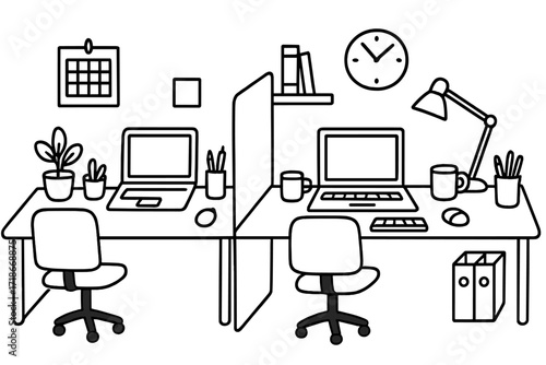 Shared Home Office Doodles. Hand-drawn doodle illustration Shared home office [two desks, chairs, laptops, divider, calendar, clock, books, plant, pen holders,