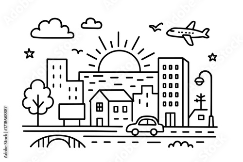 Urban Sunset Doodle. Hand-drawn doodle illustration Urban sunset view [city skyline, sun, cloud, tall building, window, street lamp, airplane, birds, rooftop,