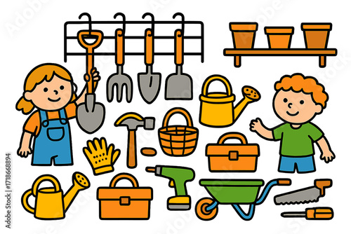 Kids' Garden Tool Fun. Colorful Hand-drawn doodle Children illustration Organizing garden tools tool rack, hooks, shovel, rake, hoe, spade, watering can,
