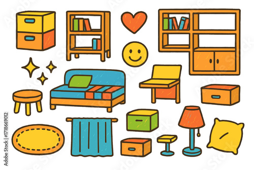 Colorful Children's Room Design. Colorful Hand-drawn doodle Children illustration Modular room design stackable bins, bookshelf, sofa bed, fold-out desk, wall