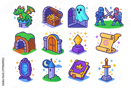 Legendary Castle Icons. Colorful isometric vector icons set of Legendary castle tales: dragon on turret, hidden treasure room, ghost in corridor, knight?s