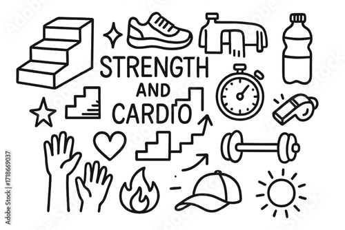 Fitness Essentials Icons. Hand-drawn doodle illustration Strength and cardio stairs [stadium steps, sneakers, dumbbell, stopwatch, towel, whistle, water