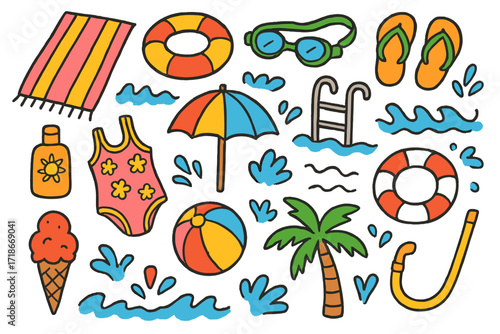 Poolside Summer Doodles. Colorful Hand-drawn doodle Children illustration Poolside towel, pool float, swim goggles, flip-flops, sunscreen, swimsuit, beach