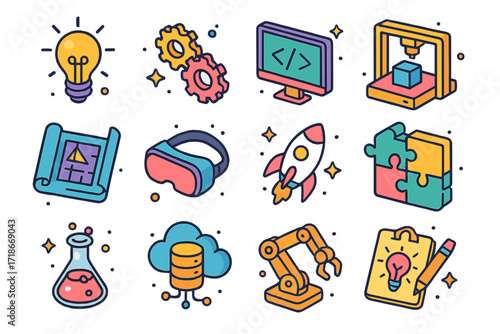 Innovation Icon Set. Innovation. Colorful isometric vector icons set of Innovation: light bulb, gears, coding screen, 3D printer, blueprint, VR headset,