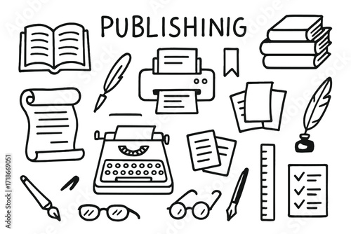 Publishing Elements Doodle. Publishing. Hand-drawn doodle illustration open book, stack of books, printer, typewriter, scroll, ink pen, paper sheets, ruler,