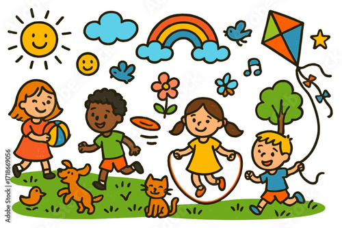 Kids' Playful Doodle. Colorful Hand-drawn doodle Children illustration Kids Playing on the Lawn [ball, kite, skipping rope, frisbee, smiling face, rainbow,