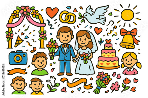 Colorful Wedding Celebration. Colorful Hand-drawn doodle Children illustration Wedding ceremony wedding arch, rings, bouquet, heart, bride, groom, wedding