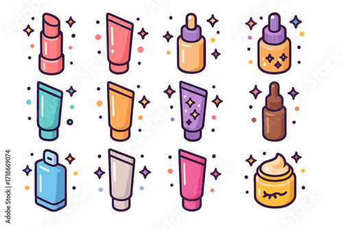 Colorful Makeup Icon Grid. Colorful isometric vector icons set of makeup product tubes: tinted lip balm tube, cream blush tube, concealer squeeze tube, liquid