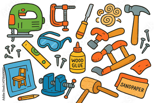 Colorful Woodworking Tools. Colorful Hand-drawn doodle Children illustration Woodworking tools jigsaw, clamp, chisel, sawdust, hammer, toolbox, wood glue,