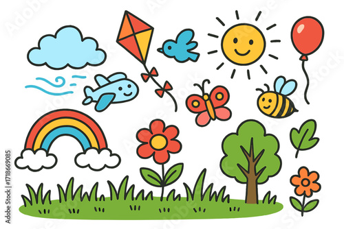 Colorful Doodle Dreamscape. Colorful Hand-drawn doodle Children illustration Flying above the field cloud, bird, kite, butterfly, sun, flower, grass, smiling