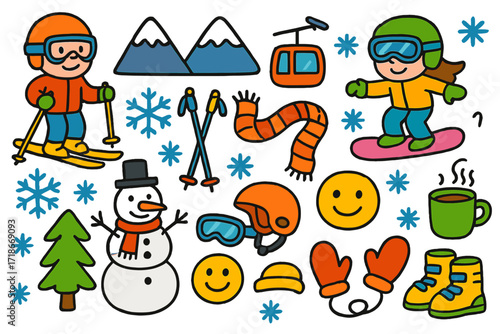 Winter Fun Doodle. Colorful Hand-drawn doodle Children illustration Skiers and snowboarders on a mountain snowboard, skis, snowman, pine tree, snowflake,