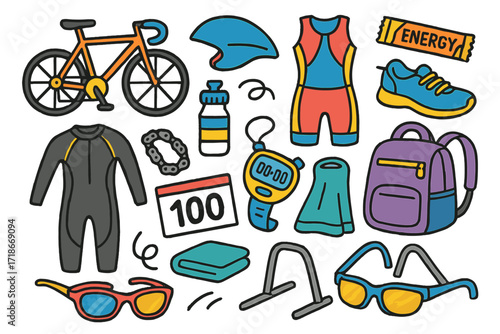 Triathlon Gear Doodle. Colorful Hand-drawn doodle Children illustration Triathlon Gear triathlon bike, aero helmet, tri suit, water bottle, energy bar, running