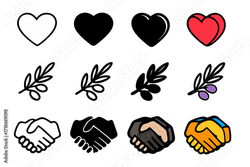 Icons of Forgiveness. Icon Set of Letting Go of the Past Forgiveness: Heart symbol, Olive branch, Two clasped hands. Icons set in vector style, emblematic
