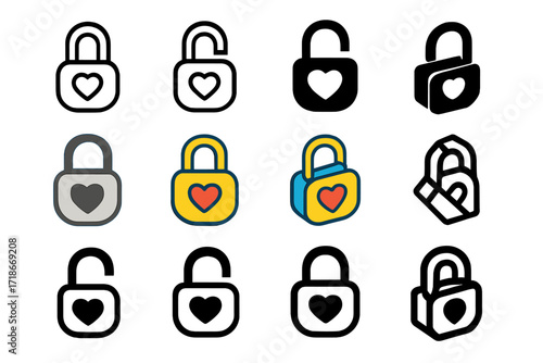 Heart Padlock Logo Variations. Set Logo of Vulnerability Symbols: Unlocked Padlock with Heart. Logo set in vector style, emblematic variations. line, bold