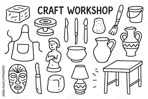 Craft Studio Essentials. Craft Workshop. Hand-drawn doodle illustration craft workshop clay block, potter?s wheel, carving knife, chisel, brush, sponge,