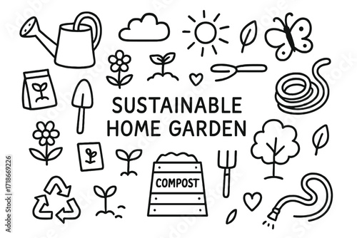 Sustainable Garden Doodles. Hand-drawn doodle illustration Sustainable home garden [watering can, shovel, rake, seed packet, sprout, flower, tree, compost bin,