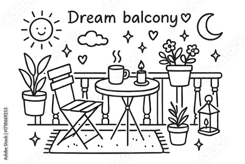 Dreamy Balcony Doodles. Hand-drawn doodle illustration Dream balcony [balcony rail, table, chair, mug, candle, flower pot, plant, heart, star, sparkle, sun,
