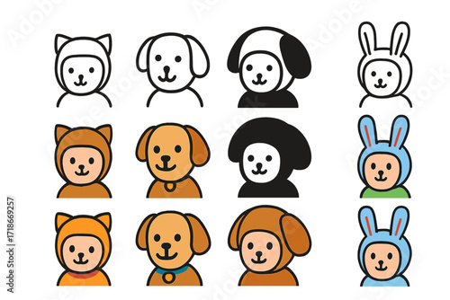 Colorful Animal Costumes Icons. Icon Set of Animal costumes basics: cat costume, dog costume, rabbit costume. Icons set in vector style, emblematic variations.