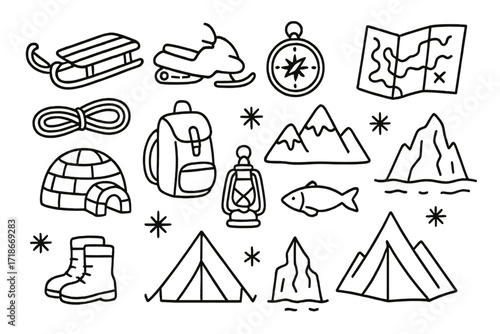 Arctic Adventure Doodles. Hand-drawn doodle illustration Arctic travel [sled, snowmobile, compass, map, rope, backpack, igloo, fish, lantern, mountain,