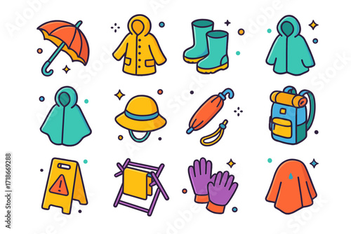 Rainy Day Essentials Icons. Colorful isometric vector icons set of rainy day essentials: umbrella, raincoat, waterproof boots, hooded jacket, poncho, rain hat,