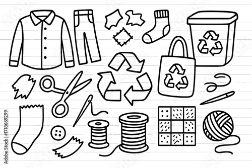 Sustainable Fabric Doodles. Hand-drawn doodle illustration fabric recycling old shirt, pants, sock, fabric scraps, patch, scissors, sewing needle, thread,