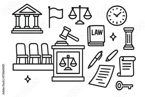 Courtroom Symbols Doodle. Hand-drawn doodle illustration Silent courtroom [empty chairs, gavel, scales of justice, law book, document, pen,