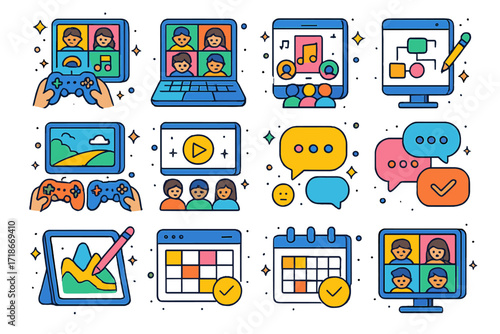 Colorful Online Activities Icons. Colorful isometric vector icons set of online group activities: virtual game night, group video call, shared playlist