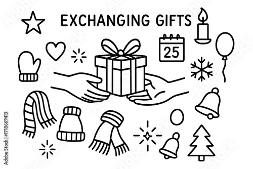 Gift Exchange Doodles. Hand-drawn doodle illustration Exchanging gifts [gift box, ribbon, bow, calendar, star, candle, heart, glove, hat, scarf, bell, balloon,