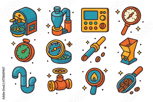 Coffee Roasting Icons. Colorful isometric vector icons set of coffee roasting equipment: drum roaster, fluid bed roaster, control panel, roasting thermometer,