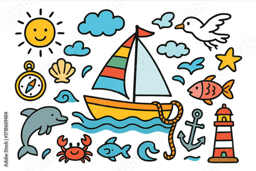 Cartoon Nautical Adventure. Colorful Hand-drawn doodle Children illustration Sailing on waves boat, sail, anchor, compass, seagull, fish, crab, wave, sun,