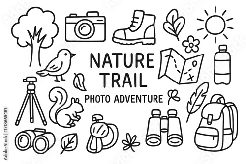Nature Adventure Doodle. Hand-drawn doodle illustration Nature trail photo adventure [tree, camera, map, boot, leaf, flower, lens, bird, squirrel, tripod, sun,