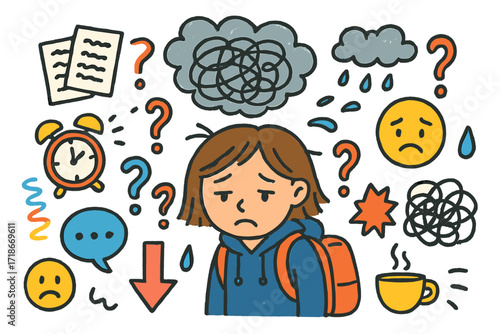 Overwhelmed Doodles. Colorful Hand-drawn doodle Children illustration Feeling overwhelmed messy papers, scribble cloud, alarm clock, sad face, question marks,