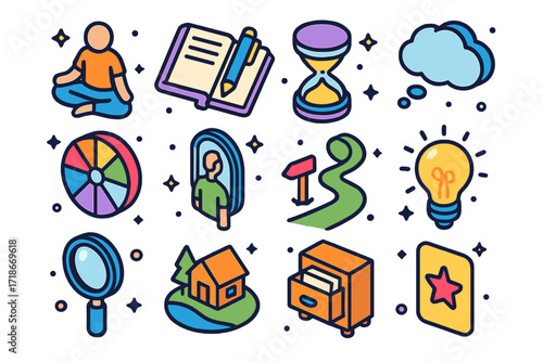 Self-Reflection Icons Set. Colorful isometric vector icons set of self-reflection tools: meditation pose, journal and pen, mindfulness hourglass, thought