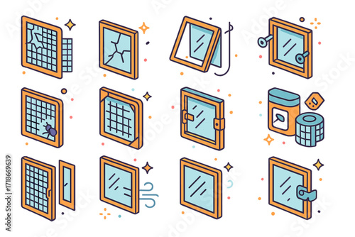 Broken Window Icons. Colorful isometric vector icons set of broken window screen issues: torn mesh, cracked windowpane, dangling frame, loose screws, insect