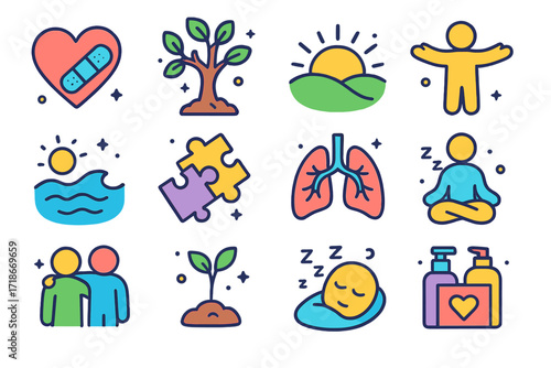 Emotional Resilience Icons. Colorful isometric vector icons set of Emotional resilience: heart with bandage, tree regrowing leaves, sunrise over hill, open