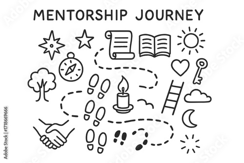 Guided Mentorship Journey. Hand-drawn doodle illustration mentorship journey path with footsteps, compass, star, scroll, open book, candle, flame, tree,