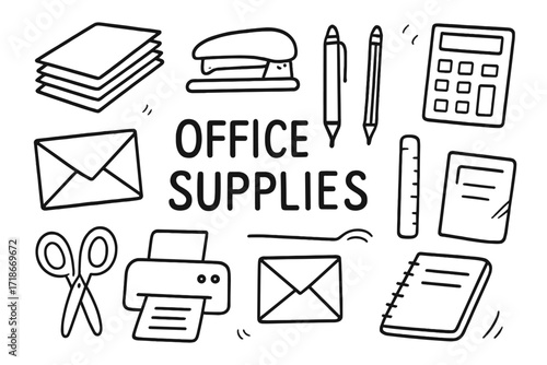 Office Supplies Doodle. Office Supplies. Hand-drawn doodle illustration catalog, paper stack, stapler, pen, pencil, ruler, calculator, clipboard, envelope,